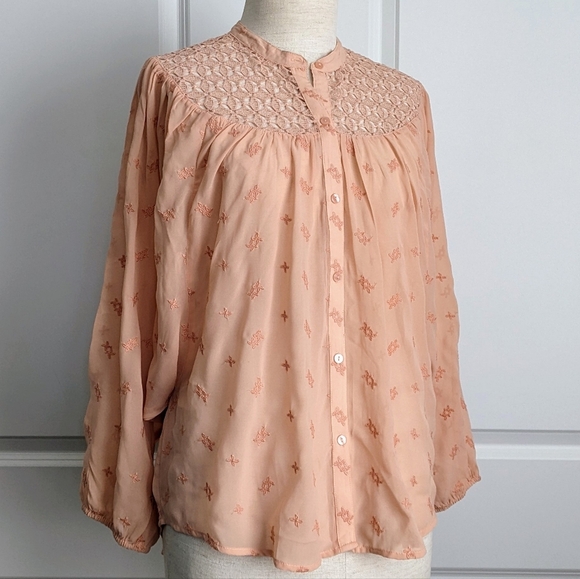 Lucky Brand Blouse Embroidered Semi-Sheer Lace Button Front Rose Tan S/M NWT - Picture 1 of 14